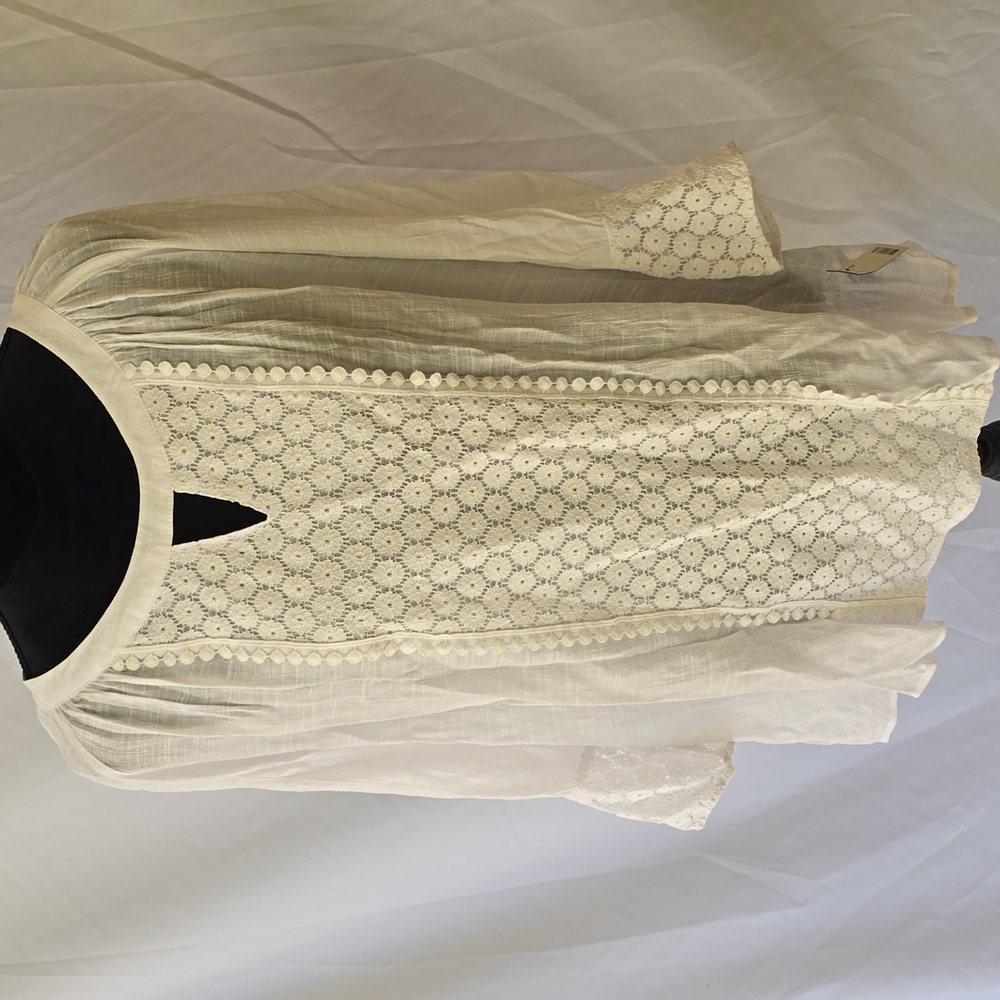 Zac & Rachel women plus 1X white blouse 3/4 sleeve lace panel boho relaxed fit